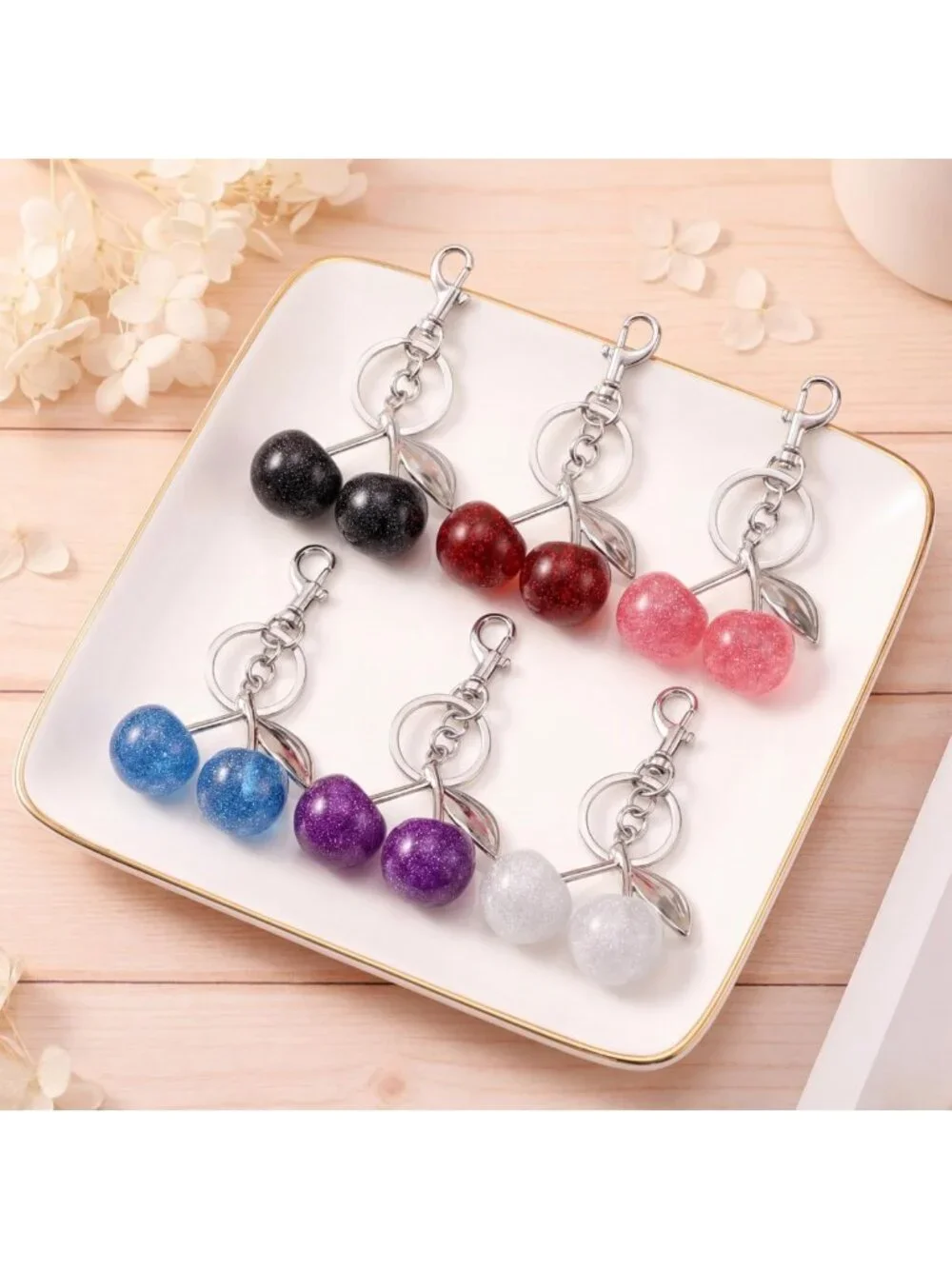 Charming Glitter Cherry Keychain Set - Bling Gold & Silver Handbag Accessories